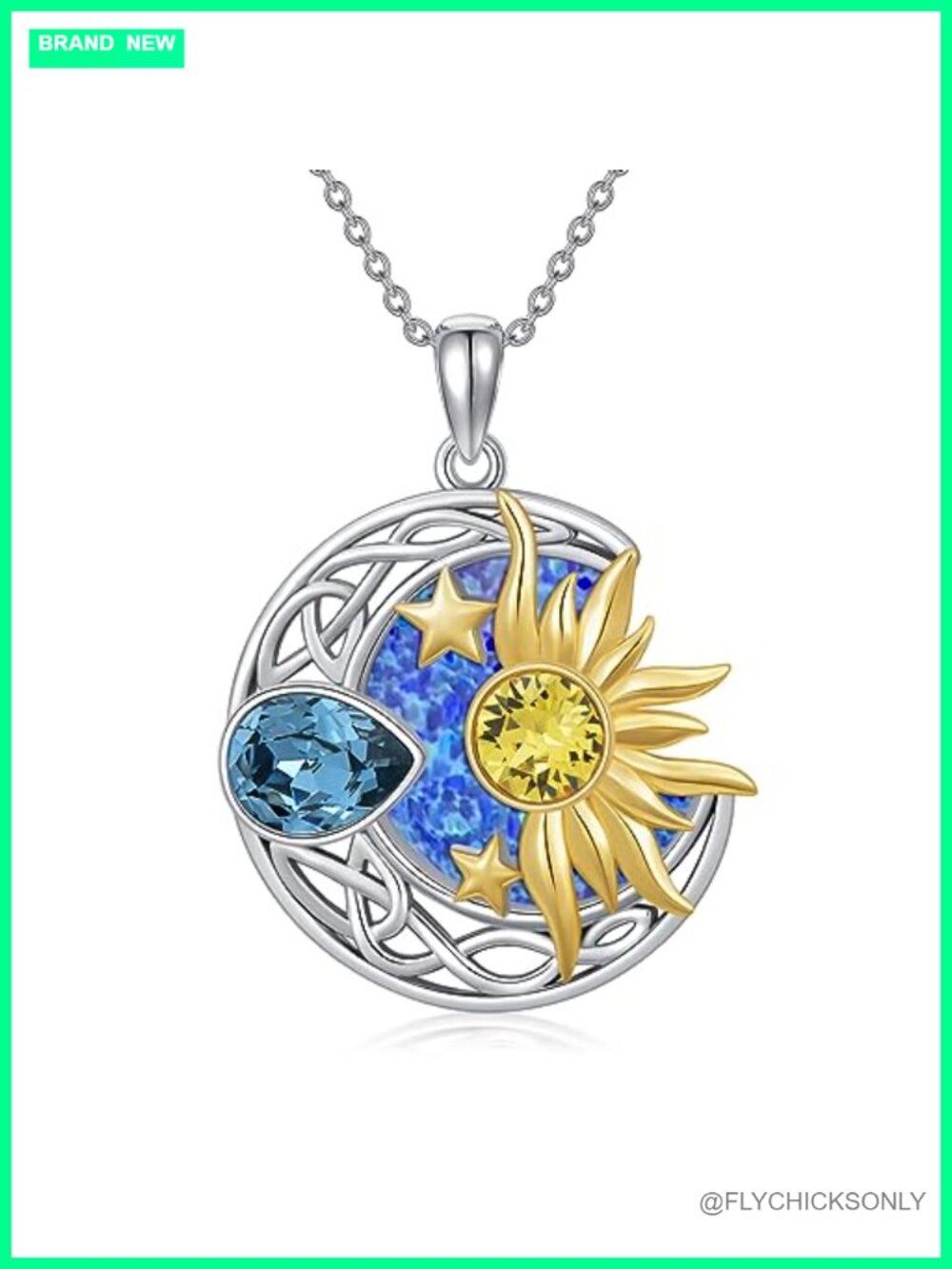 925 Sterling Silver Moon Sun Star Necklace Celtic Opal Pendant